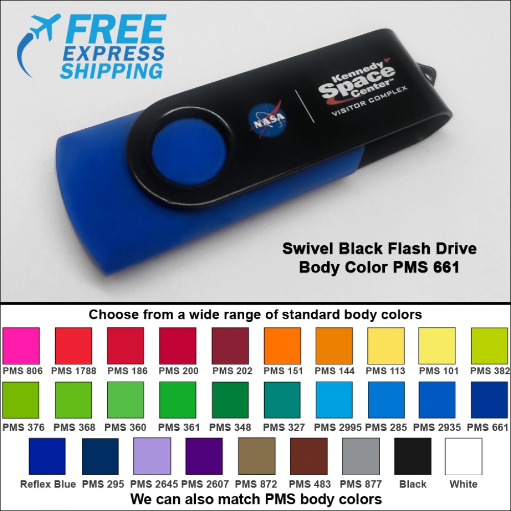 Logo Branded Swivel Black Flash Drive - 4 GB Memory - Body PMS 661