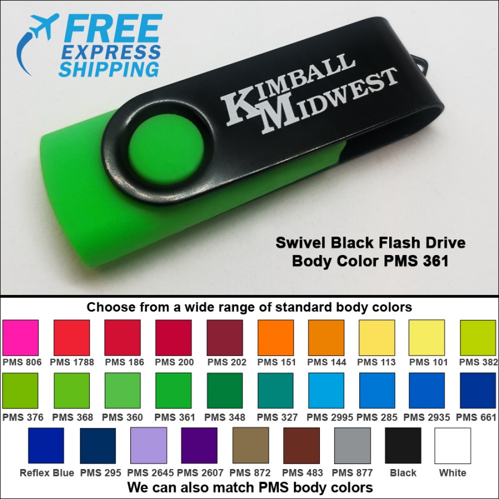 Swivel Black Flash Drive - 32 GB Memory - Body PMS 361 with Logo