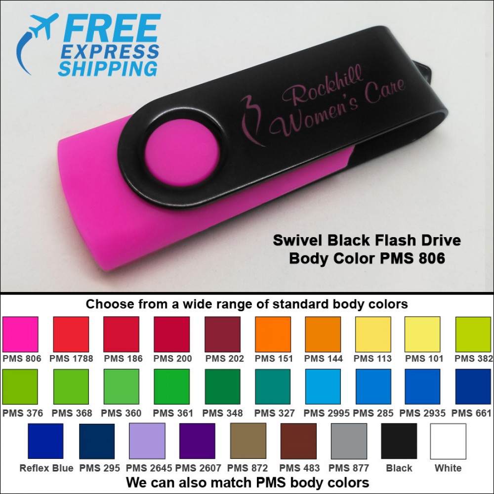 Swivel Black Flash Drive - 16 GB Memory - Body PMS 806 with Logo