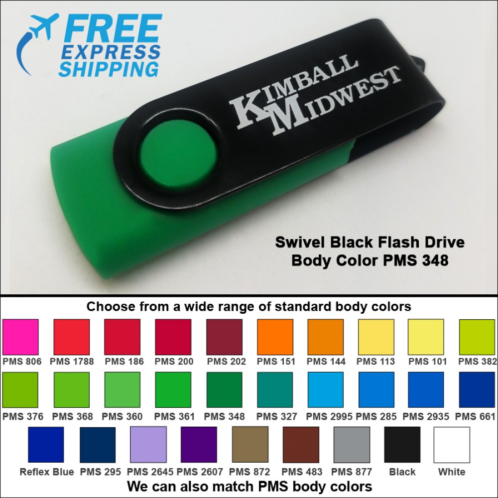 Promotional Swivel Black Flash Drive - 4 GB Memory - Body PMS 348