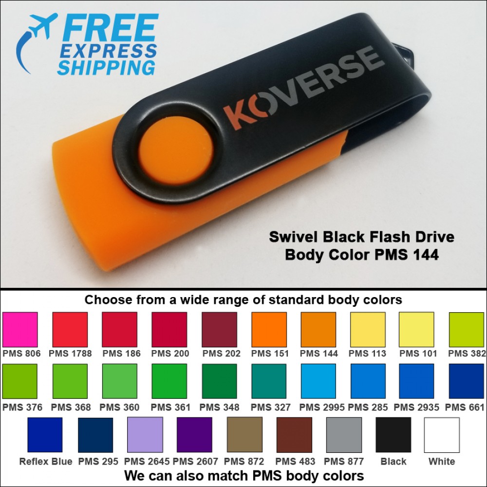 Swivel Black Flash Drive - 16 GB Memory - Body PMS 144 with Logo