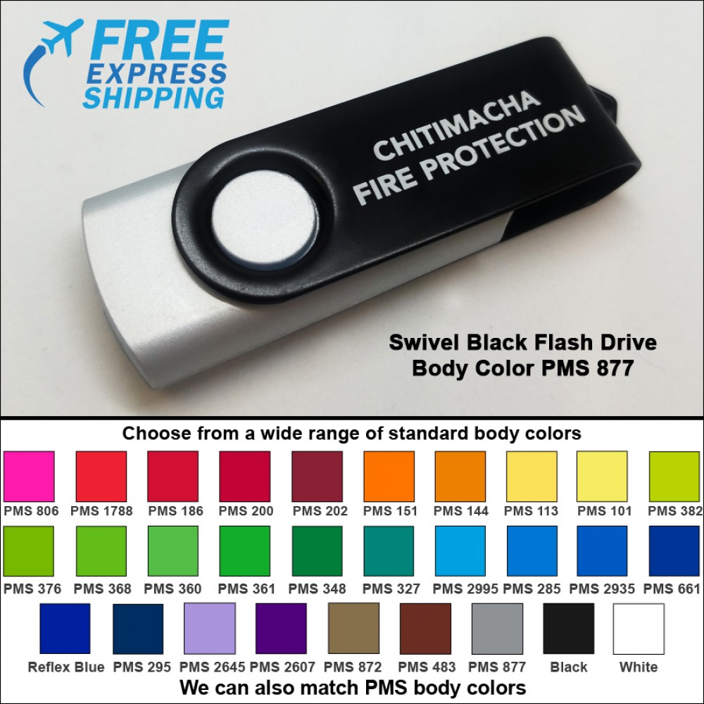 Logo Branded Swivel Black Flash Drive - 16 GB Memory - Body PMS 877