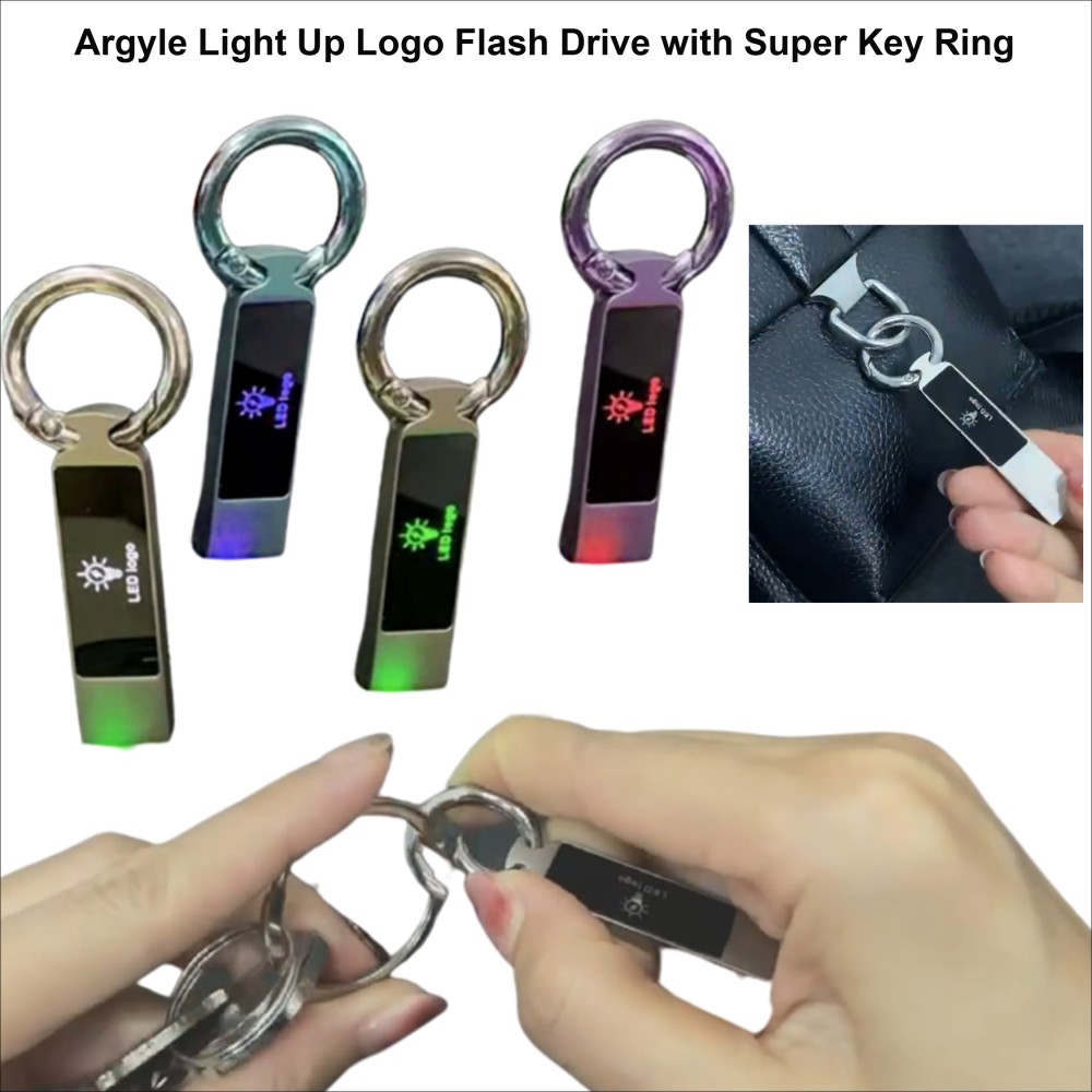 Customized Argyle Light Up Logo Flash Drive with Super Key Ring - 4 GB Memory
