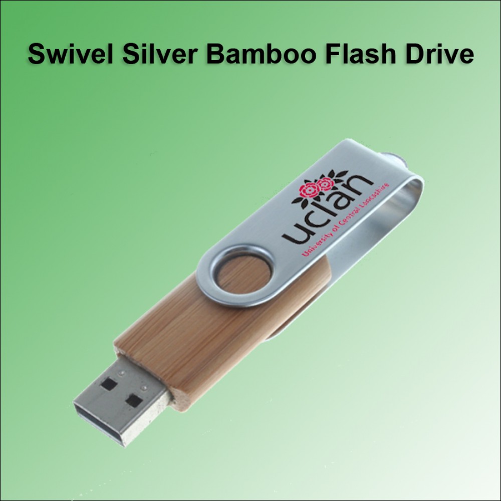 Personalized Swivel Silver Bamboo Flash Drive - 8 GB Memory
