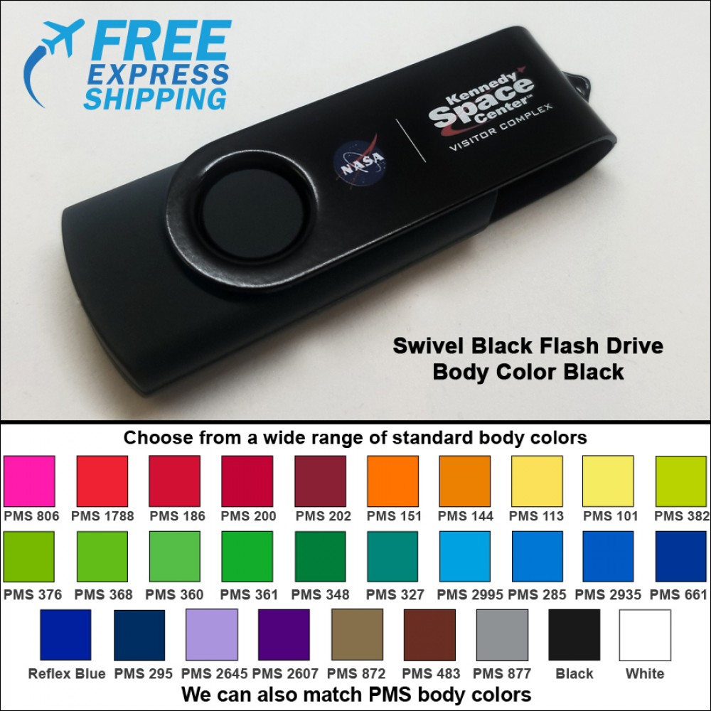 Swivel Black Flash Drive - 16 GB Memory - Body Black with Logo