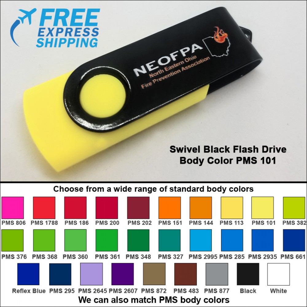 Swivel Black Flash Drive - 4 GB Memory - Body PMS 101 with Logo