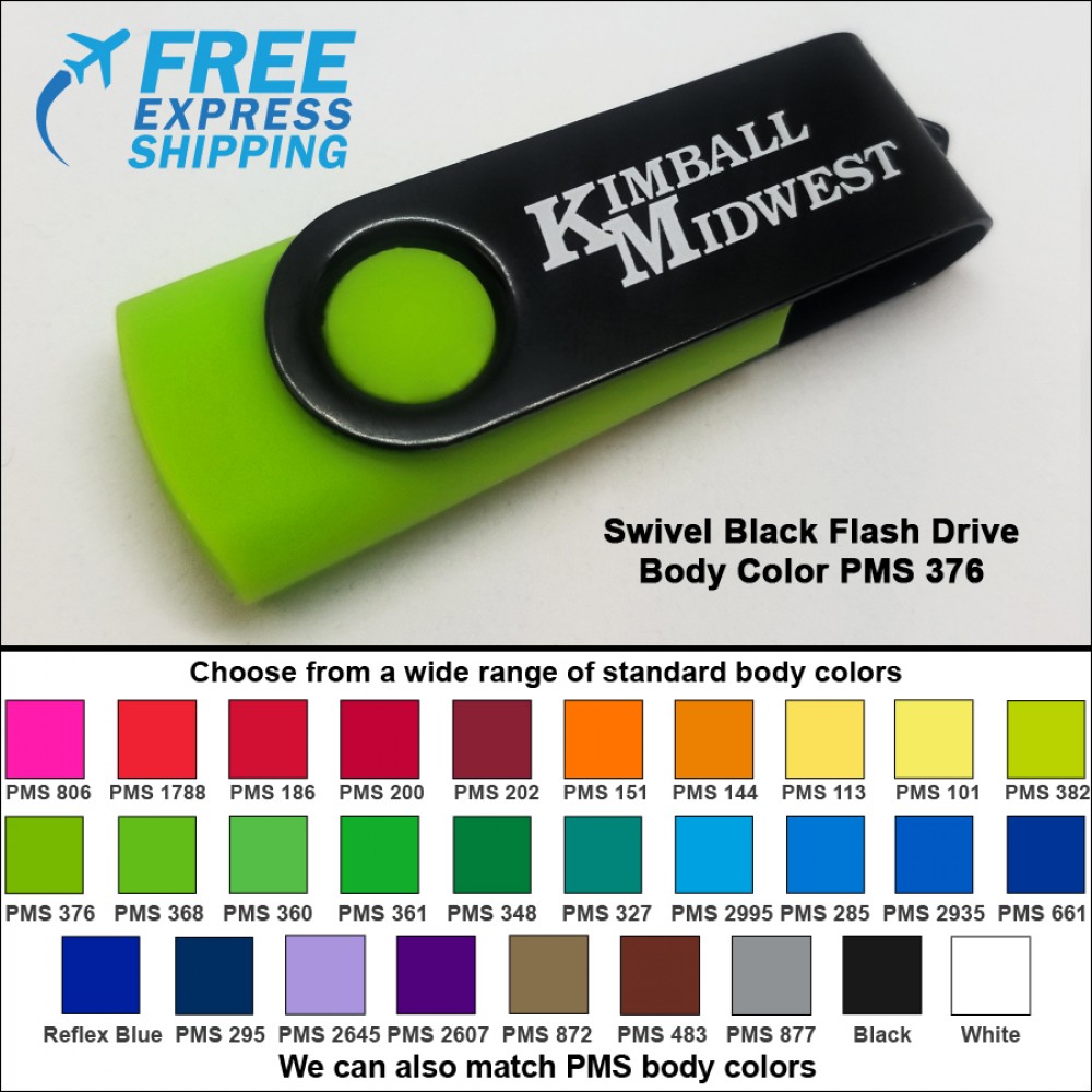 Promotional Swivel Black Flash Drive - 4 GB Memory - Body PMS 376