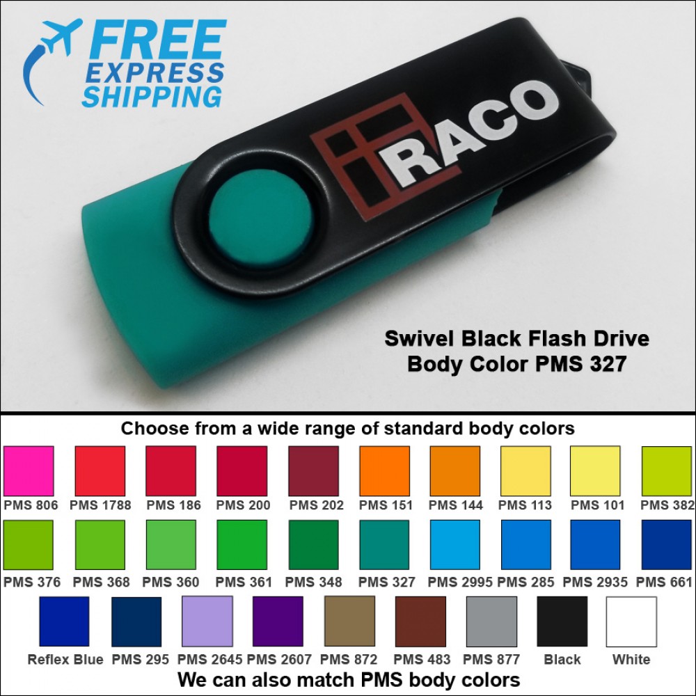 Swivel Black Flash Drive - 32 GB Memory - Body PMS 327 with Logo