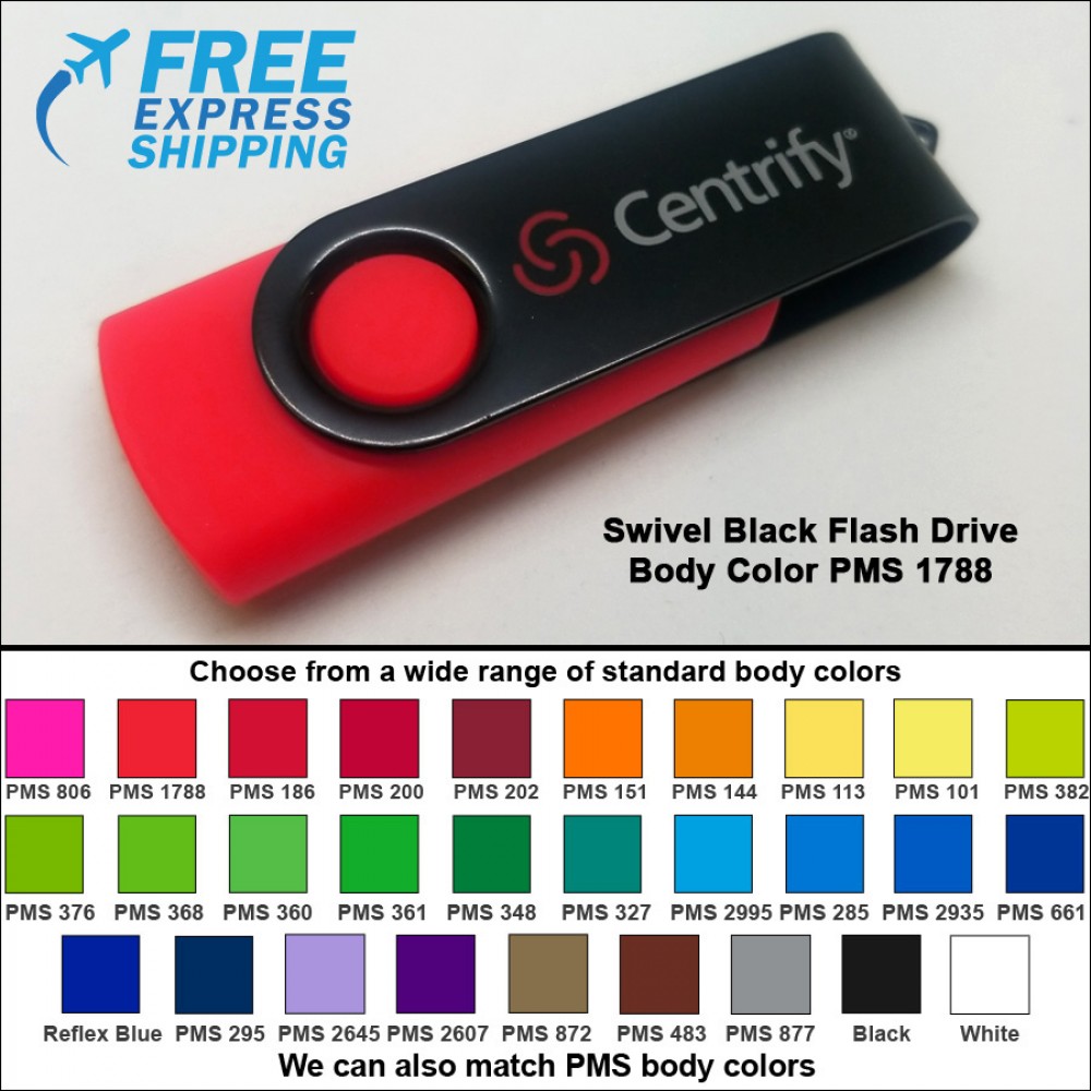 Logo Branded Swivel Black Flash Drive - 8 GB Memory - Body PMS 1788