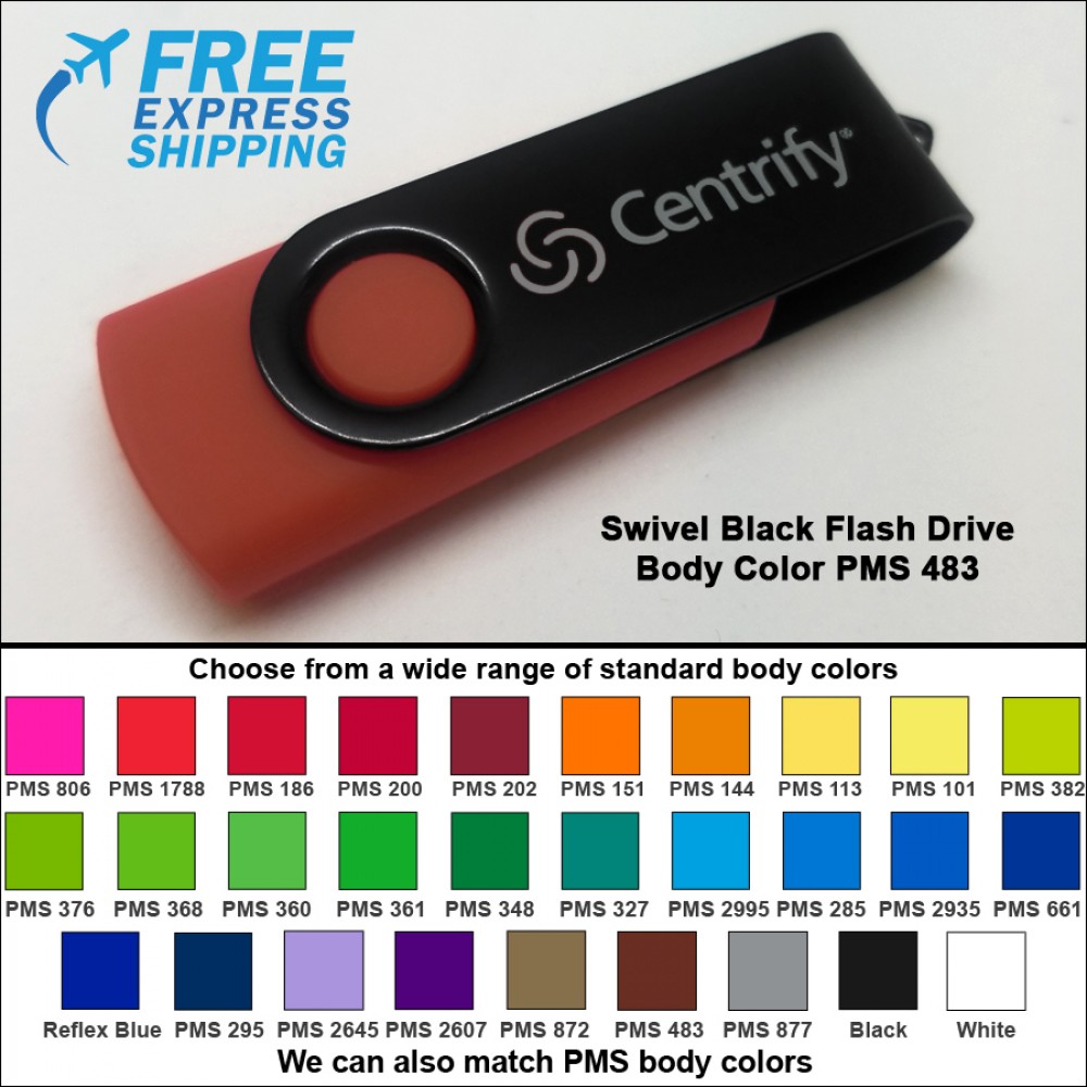 Swivel Black Flash Drive - 32 GB Memory - Body PMS 483 with Logo