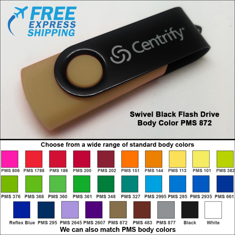 Logo Branded Swivel Black Flash Drive - 4 GB Memory - Body PMS 872