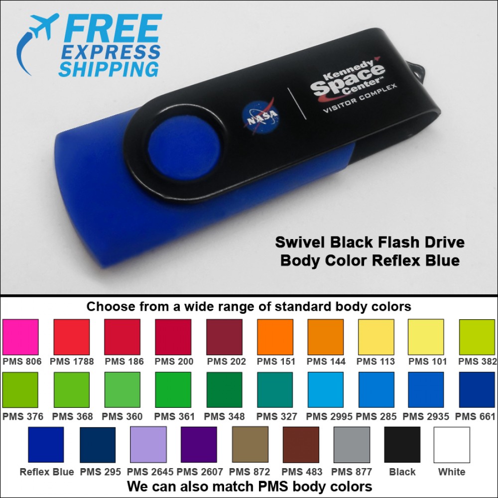 Swivel Black Flash Drive - 32 GB Memory - Body Reflex Blue with Logo Swivel Black Flash Drive - 32 GB Memory - Body Reflex Blue with Logo