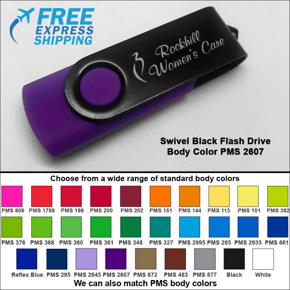 Swivel Black Flash Drive - 16 GB Memory - Body PMS 2607 with Logo