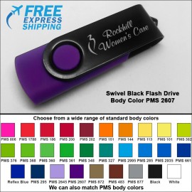 Swivel Black Flash Drive - 16 GB Memory - Body PMS 2607 with Logo  Swivel Black Flash Drive - 16 GB Memory - Body PMS 2607 with Logo
