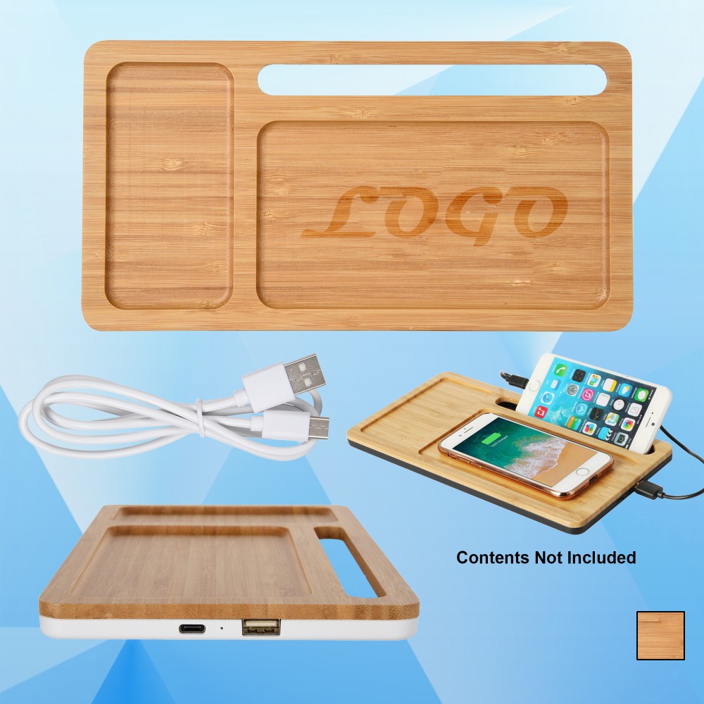 Bamboo Wireless Charging Pad Desktop Organizer with Logo