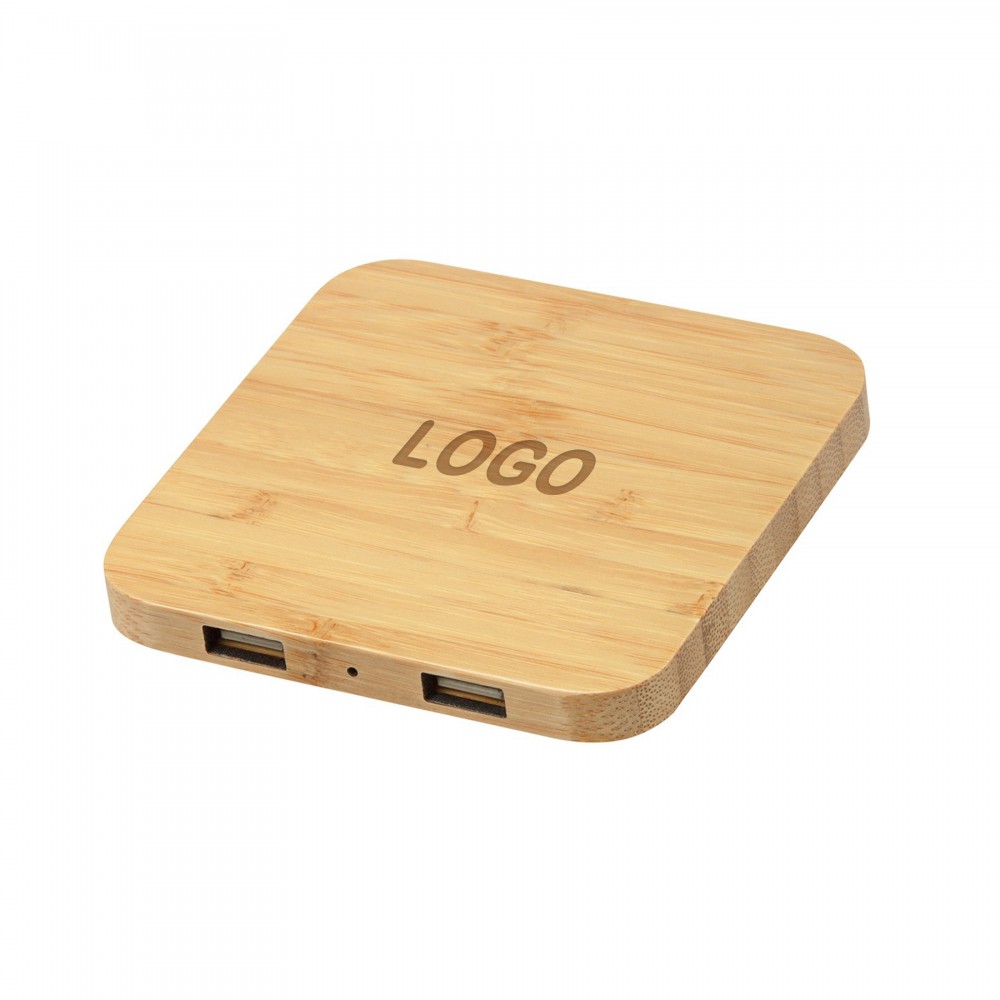 Promotional Bamboo Wireless Charger with Dual USB Ports