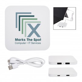 Power Up 2-Port USB Hub & Wireless Charging Pad with Logo  Power Up 2-Port USB Hub & Wireless Charging Pad with Logo