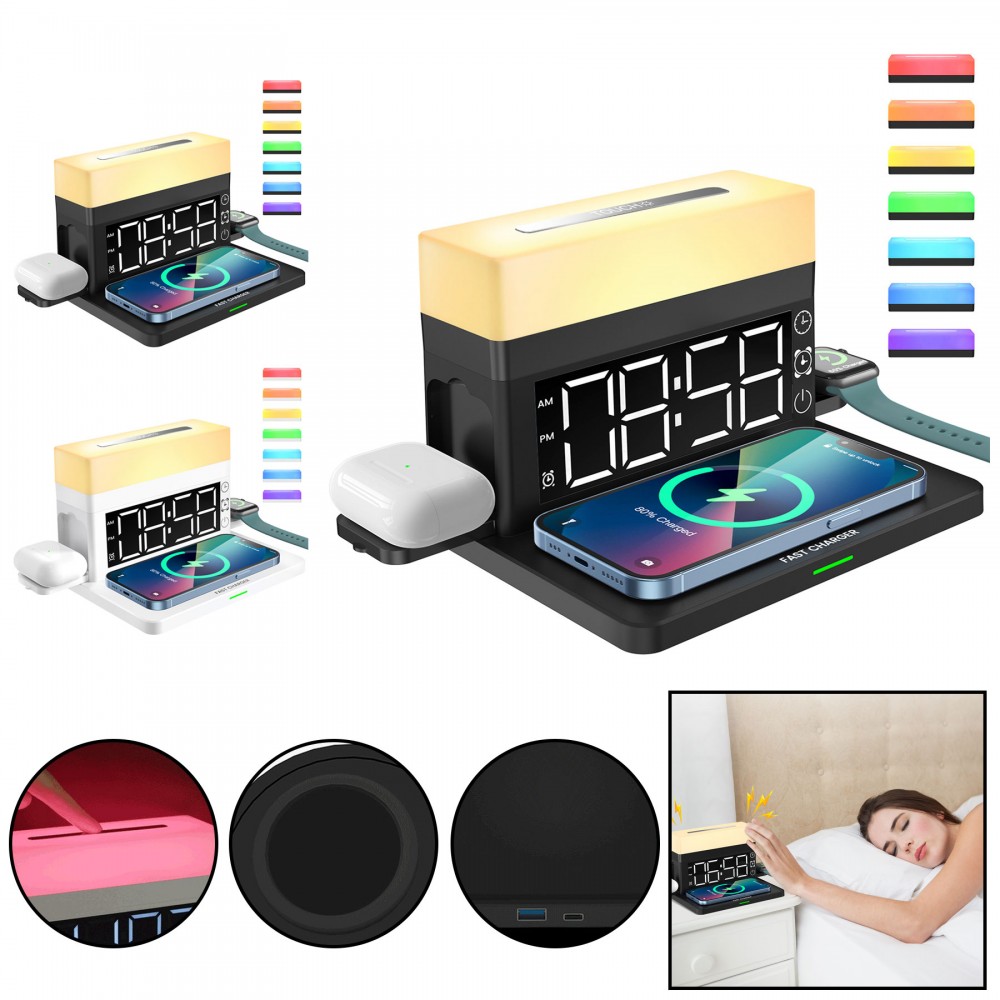 6 in 1 Wireless Charging Station with Digital Alarm Clock & Night Light with Logo