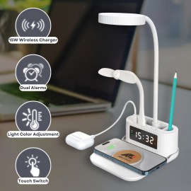 Custom 15W Wireless Charger Desk Lamp with Alarm Clock, Pen Holder, and USB/Type-C Output  Custom 15W Wireless Charger Desk Lamp with Alarm Clock, Pen Holder, and USB/Type-C Output