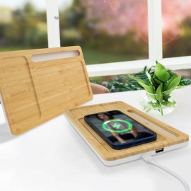 Bamboo Wireless Charging Pad and Desktop Organizer with Logo