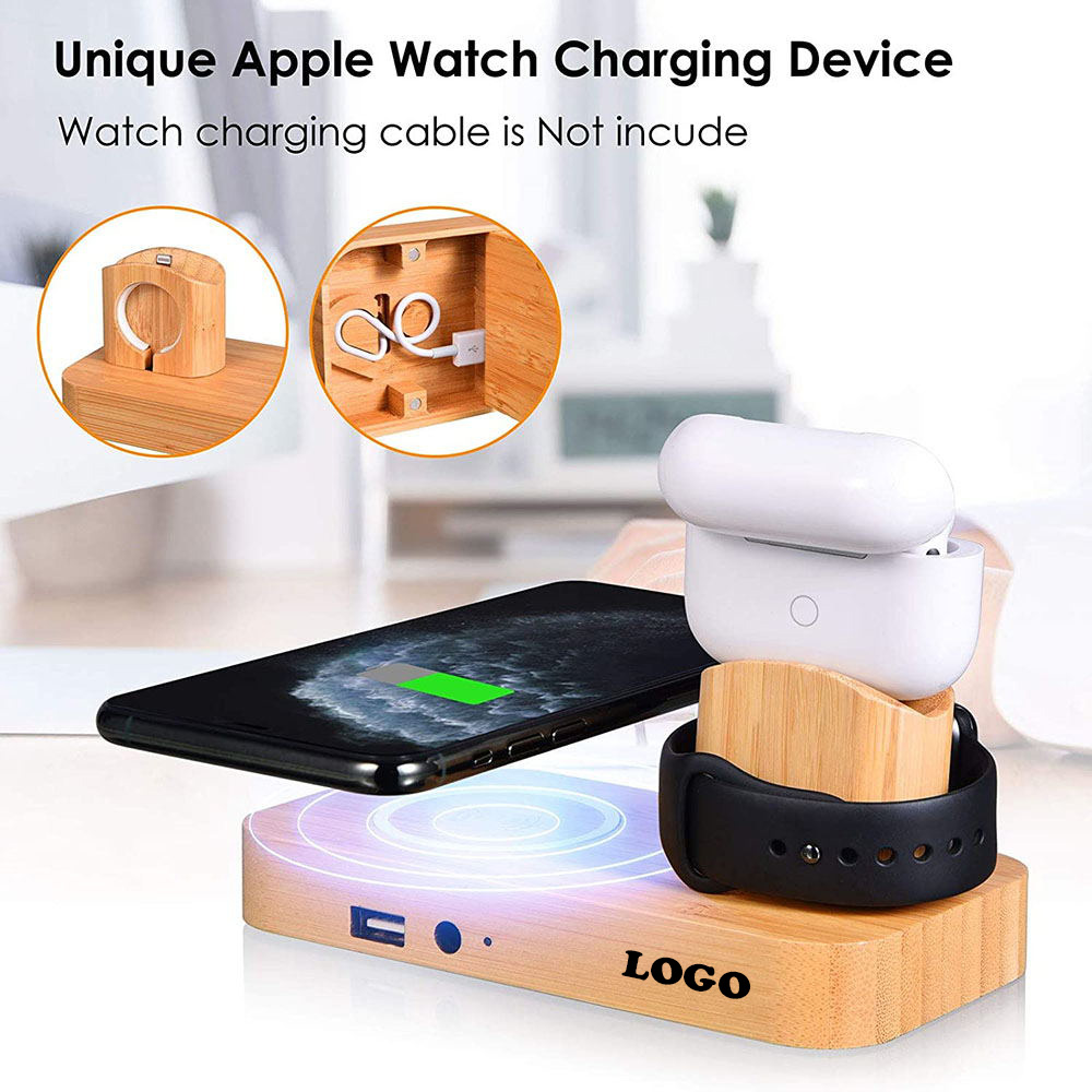4 In 1 Bamboo Wireless Charging Stand with Logo