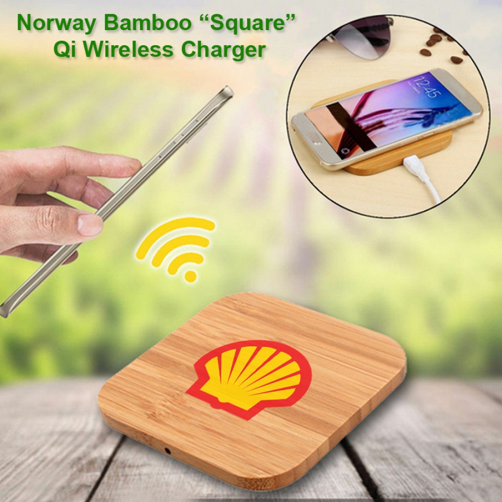 Norway Bamboo "Eco Friendly" Qi Wireless Charging 5 Watts Pad - Square with Logo