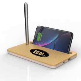 3-in-1 Eco-Friendly Bamboo Wireless Charger + Phone/Pen Stand with Logo
