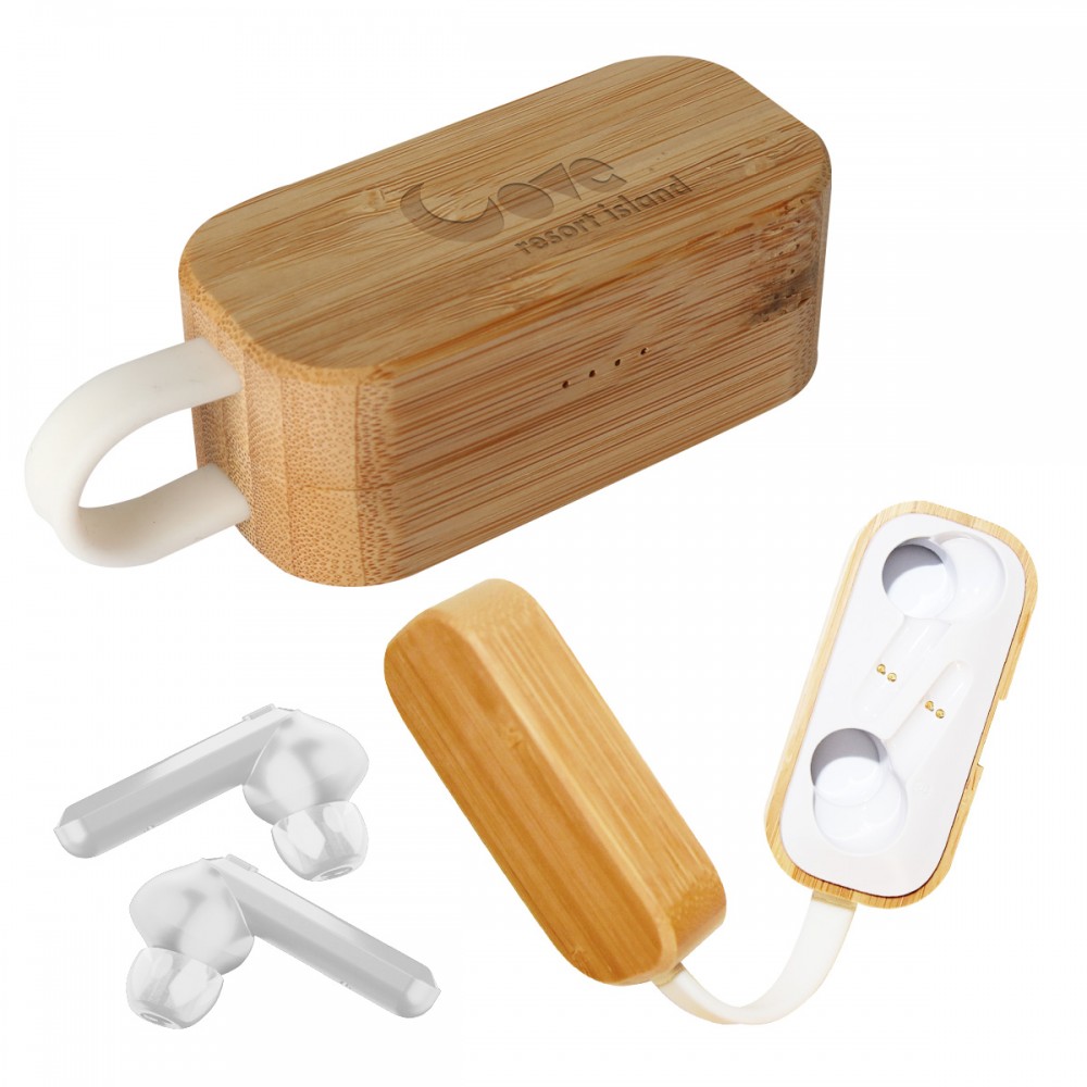 TWS Earbuds In Bamboo Charging Case with Logo
