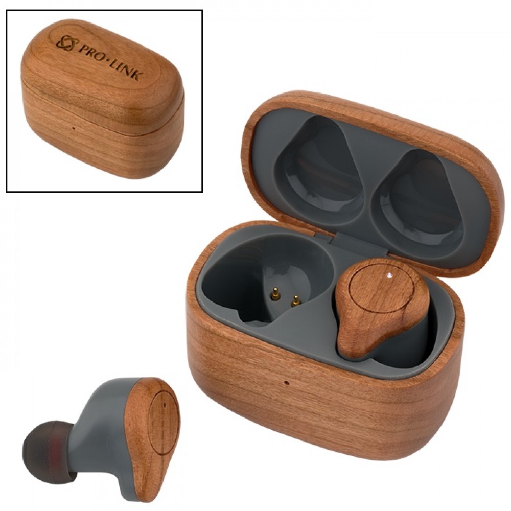 Cherry Wood TWS Wireless Earbuds and Charger Case with Logo