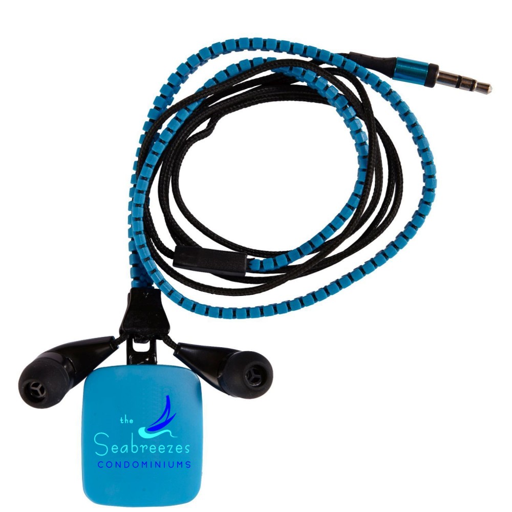 Zipper Ear Buds with Pull - Blue with Logo