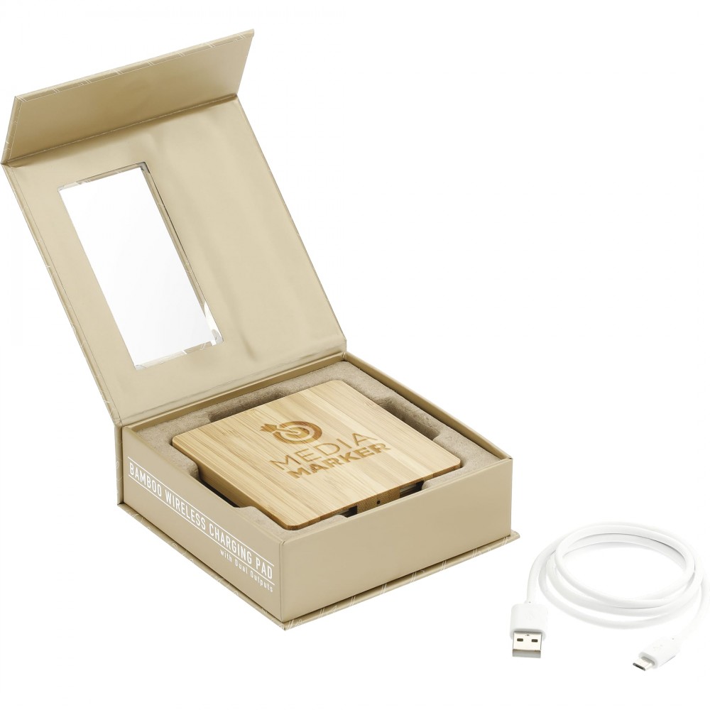 FSC 100% Bamboo Wireless Charge Pad w/Dual Output with Logo FSC 100% Bamboo Wireless Charge Pad w/Dual Output with Logo