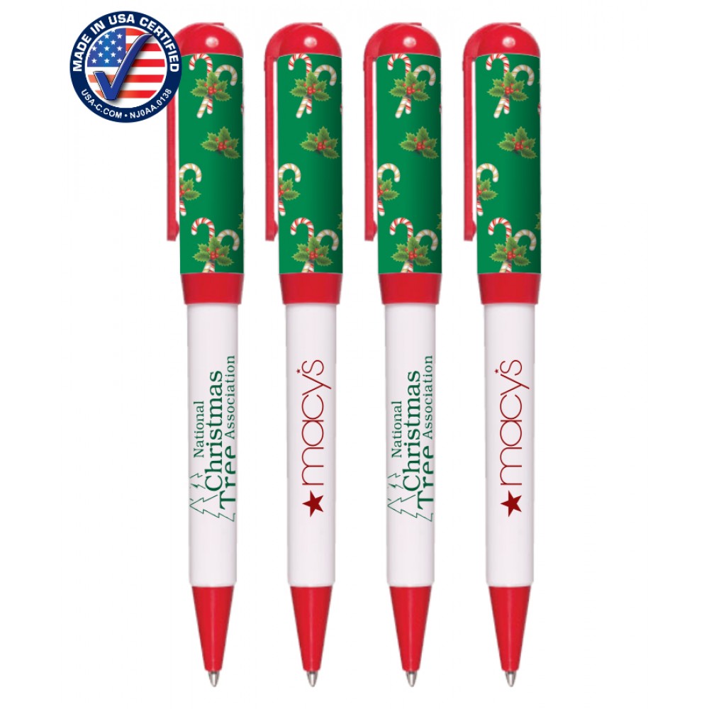 Union Printed - USA Made - Holiday Candy - Euro Style Twist Pen with Pocket Clip - 1-Color Logo Union Printed - USA Made - Holiday Candy - Euro Style Twist Pen with Pocket Clip - 1-Color Logo