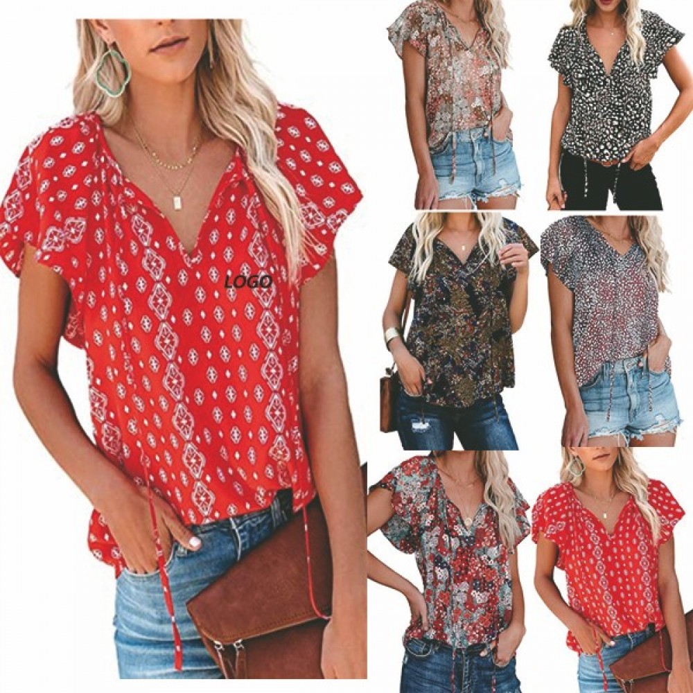 Custom Embroidered Women's Casual Boho Floral Print V Neck Short Sleeve Shirts Tops Loose Blouses