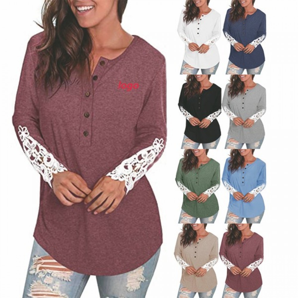Womens Long Sleeve Solid Color Round Neck Lace Buttons Tunic Tops Shirts Custom Embroidered