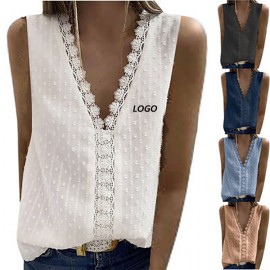 Logo Imprinted Womens Tops Summer V Neck Lace Tunic Tops Casual Loose Short Sleeve Polka Dot Shirt Blouses