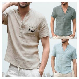 Custom Printed Men's Cotton Linen Shirt Short Sleeve Hippie Casual Beach T Shirts with Pocket