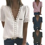 Womens Sexy Lace V Neck Tops Casual Jacquard Pom Pom Shirt Blouse Custom Printed