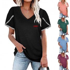 Custom Printed Womens Casual Tops Basic V Neck Summer Petal Sleeve Tshirts Loose Fit Tunic Tops Blouse
