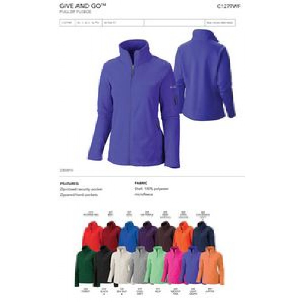 Columbia Women's Give and Go Full Zip Fleece Jacket - Blank Custom Embroidered Columbia Women's Give and Go Full Zip Fleece Jacket - Blank Custom Embroidered