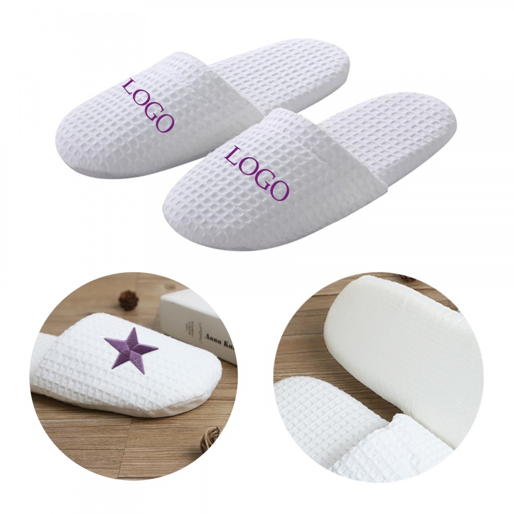 Logo Printed Embroidered Waffle Closed Toe Hotel Slippers