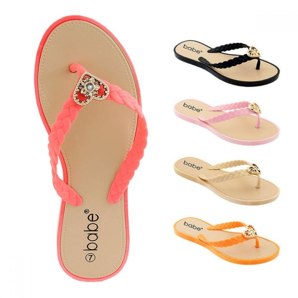 Branded Flip Flop with Braided Straps & Heart Crystal