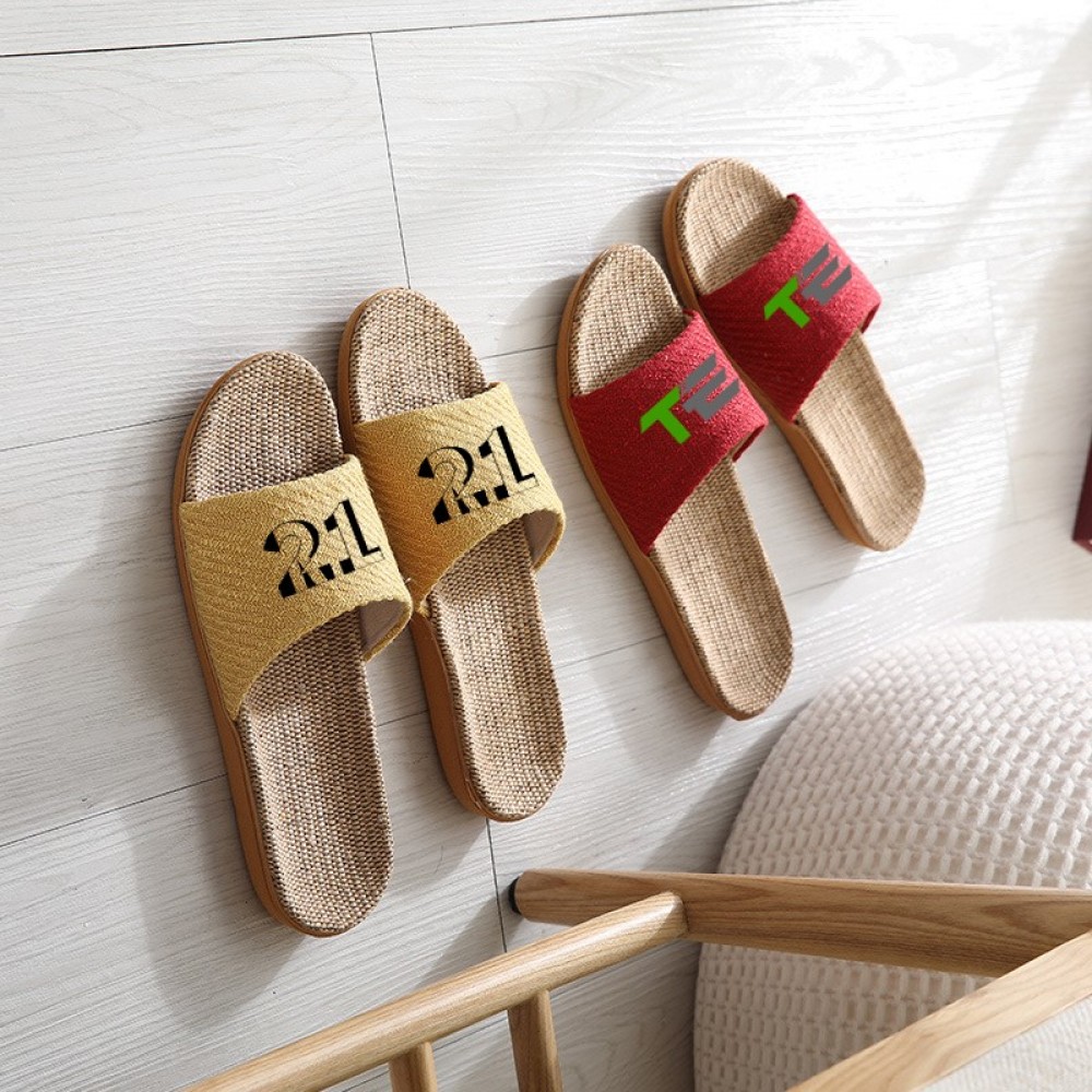 Logo Printed Spring Summer Linen Open Toe Slippers Logo Printed Spring Summer Linen Open Toe Slippers