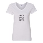 Gildan Heavy Cotton Women's V-Neck White T-Shirt Logo Imprinted