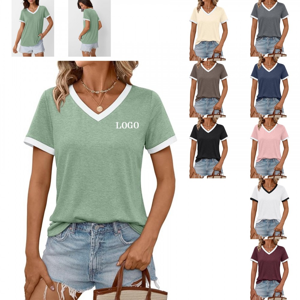 Woman Casual Soft Tunic V Neck Short Sleeve Custom Embroidered
