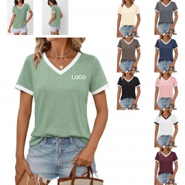 Woman Casual Soft Tunic V Neck Short Sleeve Custom Embroidered