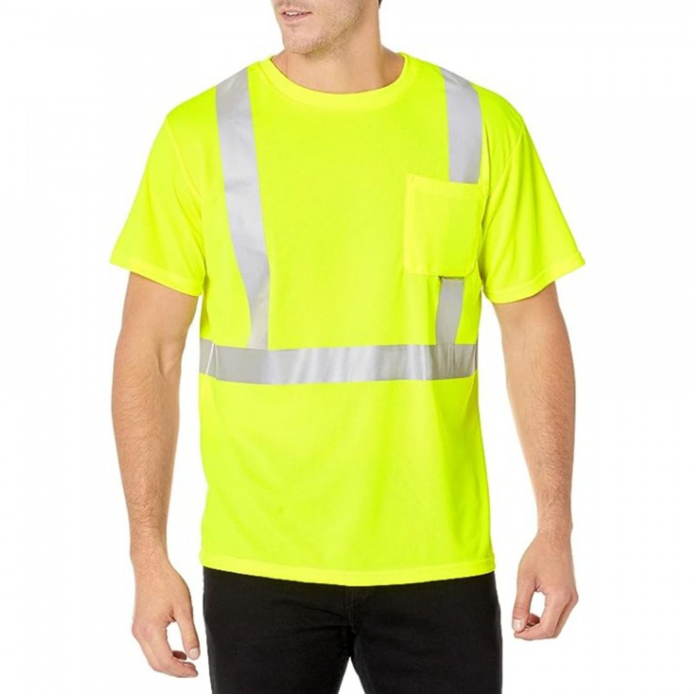 Hi Viz 170gsm Cotton Knitted Class 2 Safety Workwear T-Shirt With Pocket Logo Printed