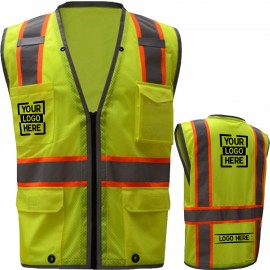 3.8 Oz. Polyester Class 2 Reflective Safety Vest With 4 Pockets & Dual Mic Tabs with Logo  3.8 Oz. Polyester Class 2 Reflective Safety Vest With 4 Pockets & Dual Mic Tabs with Logo