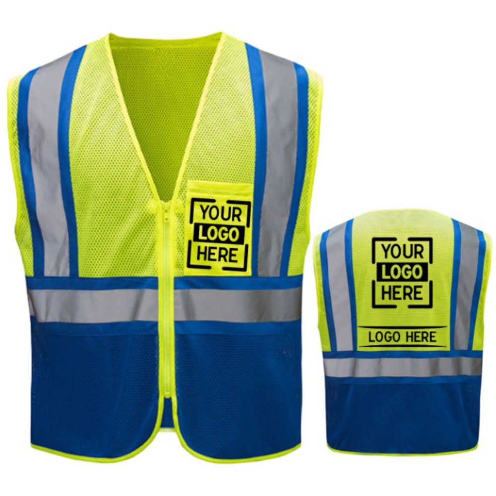 Hi Vis Reflective Class 2 Mesh Blue Bottom Safety Vest With Pockets Logo Printed