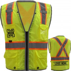 3.8 Oz. Polyester Class 2 Reflective Piping Cross Back Safety Vest With Dual Mic Tab & 4 Pockets with Logo  3.8 Oz. Polyester Class 2 Reflective Piping Cross Back Safety Vest With Dual Mic Tab & 4 Pockets with Logo
