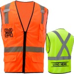Custom Embroidered Hi Viz Mesh Class 2 Safety Zipper Vest W/ Reflective X Back & 6 Pockets